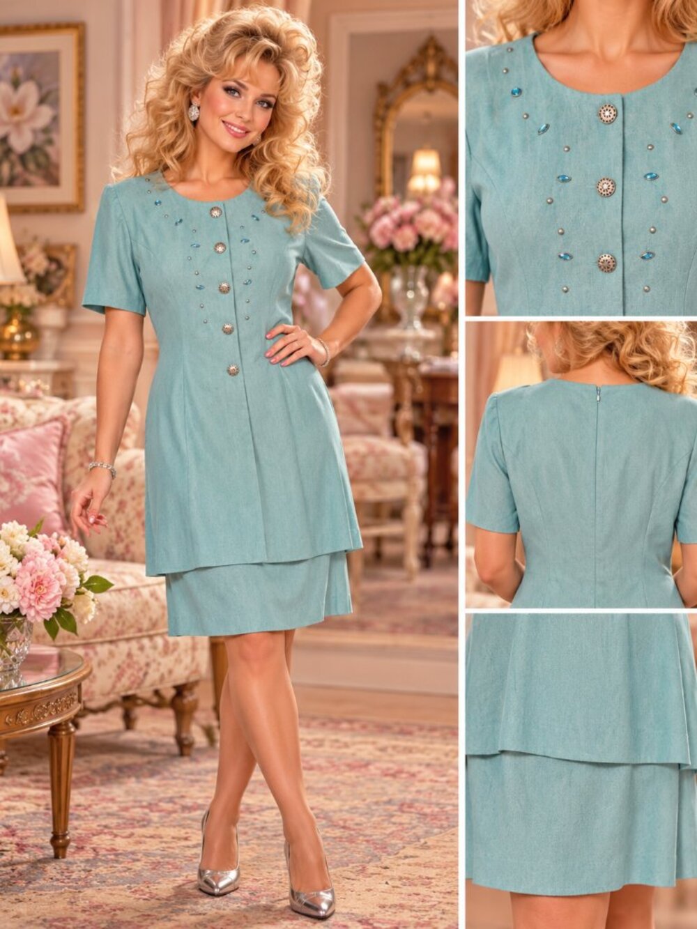 Vintage 90s Hampton Dress Co Seafoam Turquoise Embellished Midi Dress Size 16